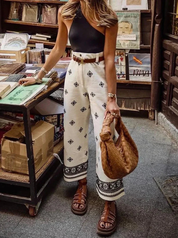 Plus Size Printed Wide Leg Casual Pants