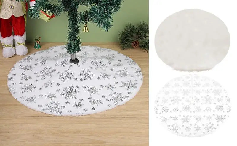 White Plush Tree Skirt with Silver Sequin Snowflake