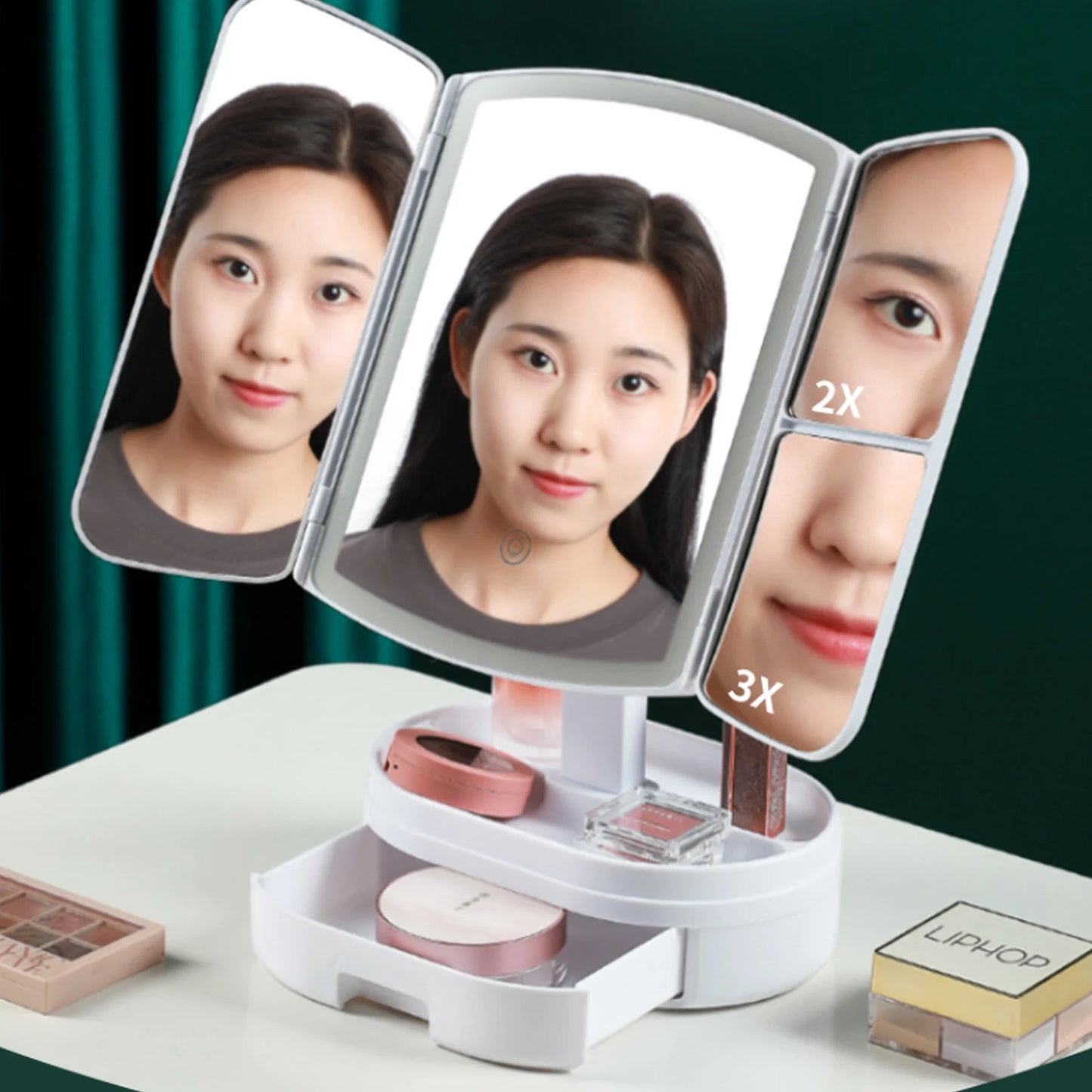 Miroir de maquillage LED pliable