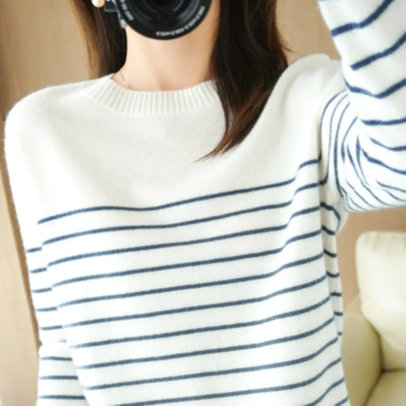 100% Cotton Striped Sweater - Loose Fit Style