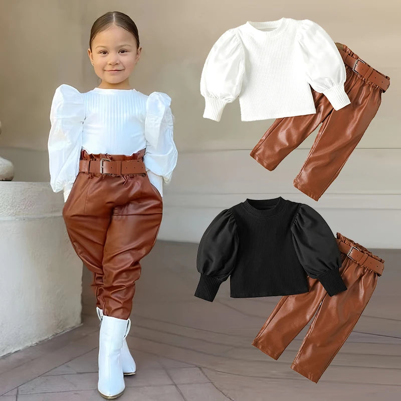 Girls' Puff Sleeve Ribbed Top & Pants