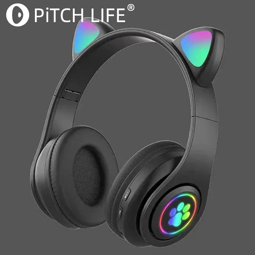 P91H Cute Cat Ears BT Wireless Headphone - Com Mic E Flash Light Capacity LED Headset