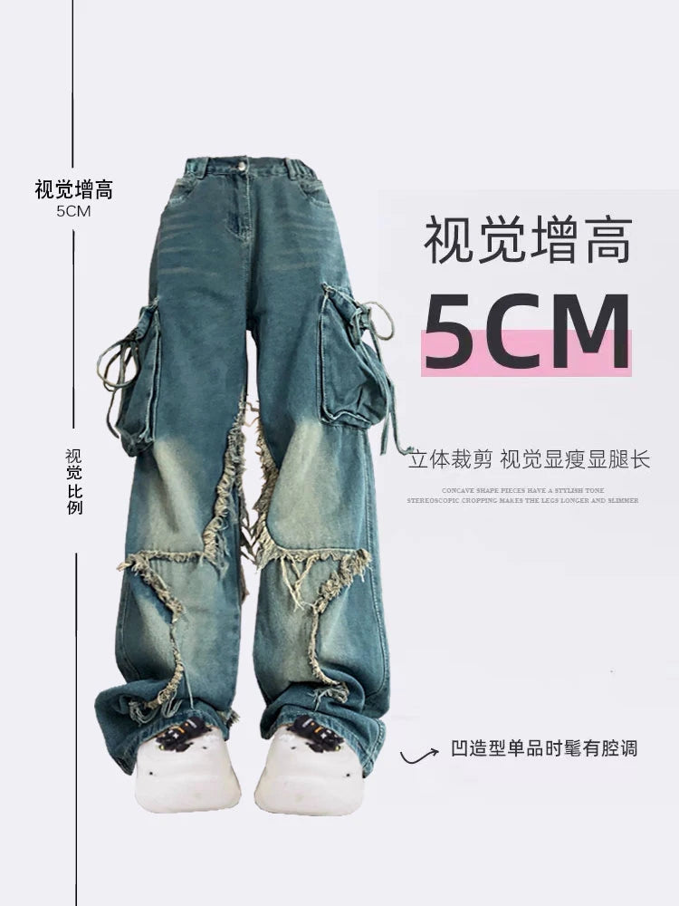 Vintage 90s High-Waist Blue Cargo Jeans for Women