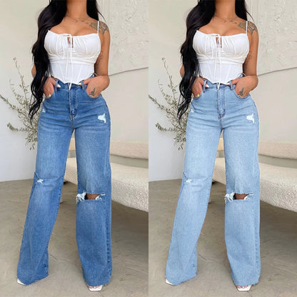 Buy High-Waist Knee-Ripped Straight Jeans