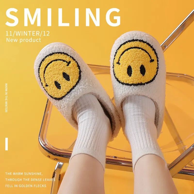 Winter Damen Smiley Muster Pelz Flauschige Slides Hausschuhe