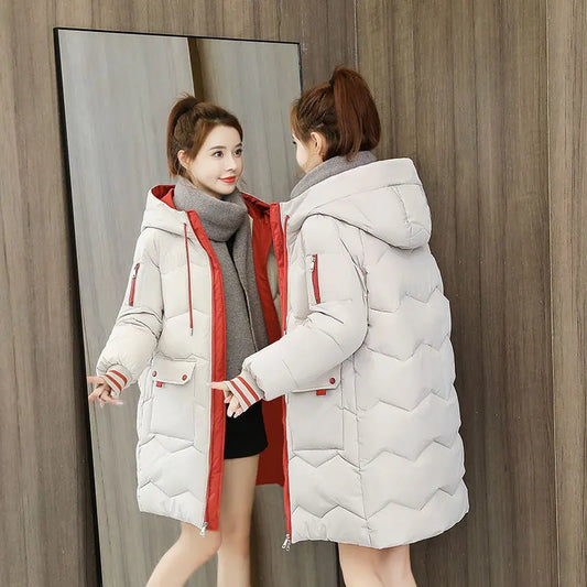 Women Hooded Warm Cotton Parka Mid-length Thicken Snow Jacket