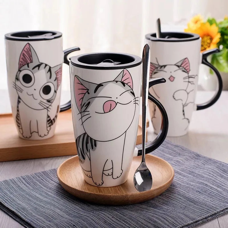 Tasse en céramique créative pour chat de 600 ml avec couvercle et cuillère