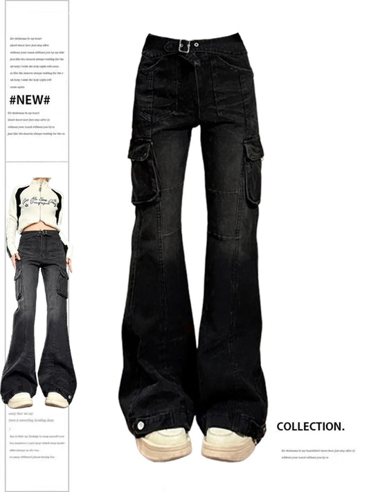 Black Gothic Cargo Flare Jeans for Women