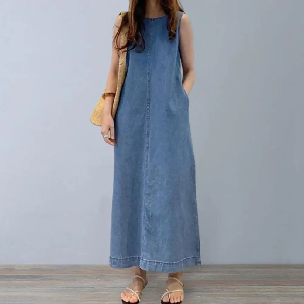 Pleated Denim A-Line Maxi Sundress