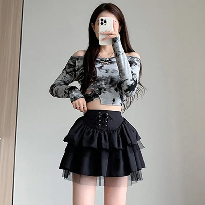 Y2K Multi-Layered Mesh Lace-Up Skirt