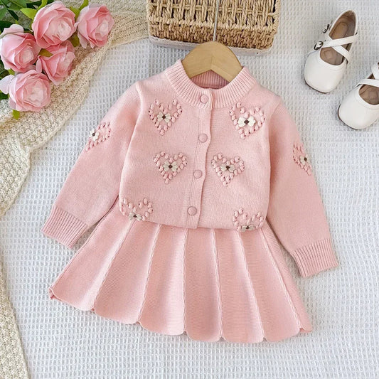 Girls' Pink Flower Cardigan & Skirt Set