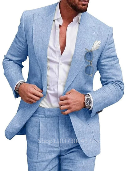 Light Blue/Beige Linen Wedding Suit for Men