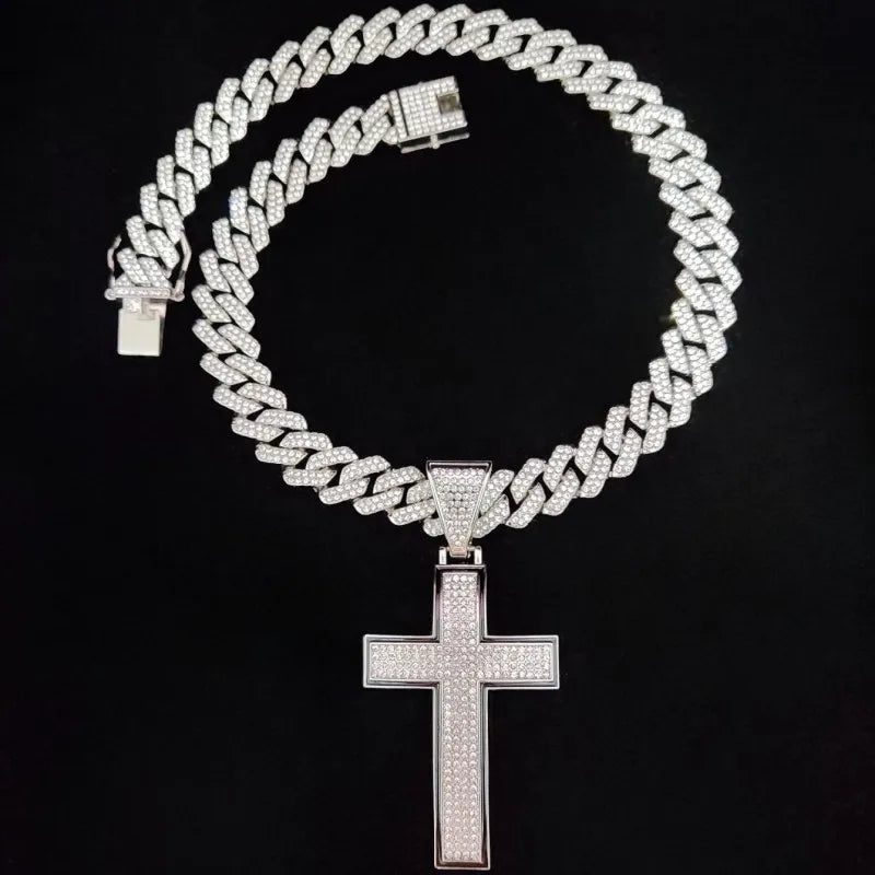 Collier pendentif croix brillante pour hommes et femmes avec chaîne cubaine