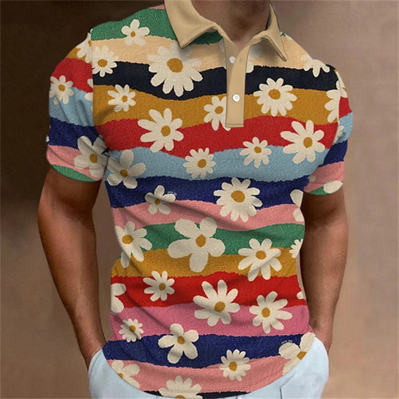 Men's Polo Shirt Fashion 3D Printed Flower Pattern Lapel Short Sleeve Top Summer New Leisure Vacation Street Breathable Clothing