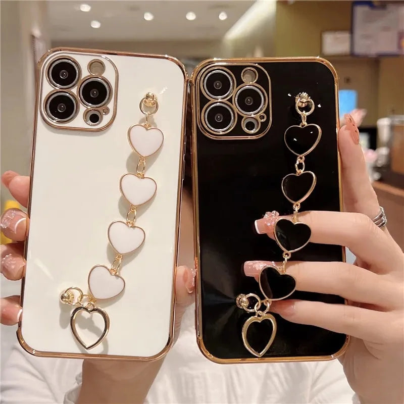 Fashion Plating Love Heart Bracelet Chain Case For iPhone 15