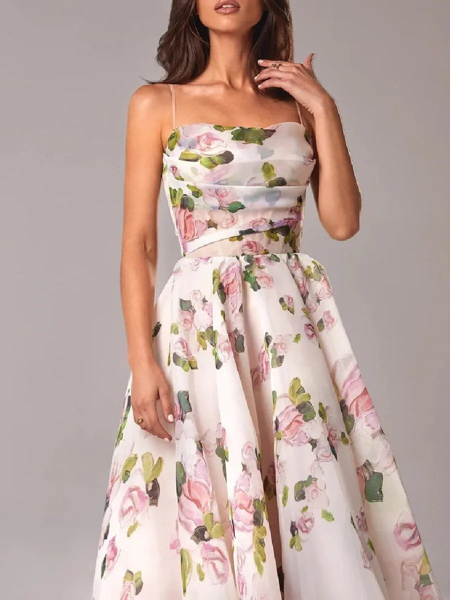 Elegant Floral Chiffon A-line Tea Dress