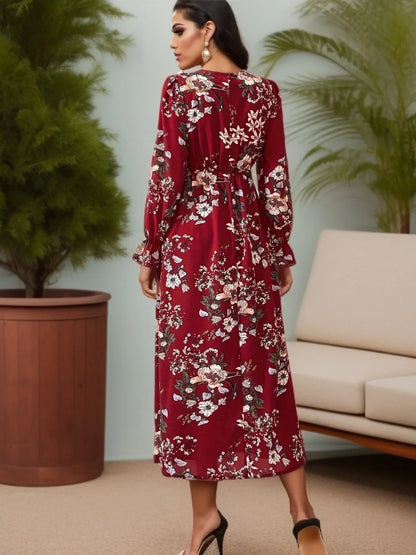 Women Maxi Dresses - Casual Full Sleeve Floral Printed O-neck Woman Bohe Beach Party Long Dress