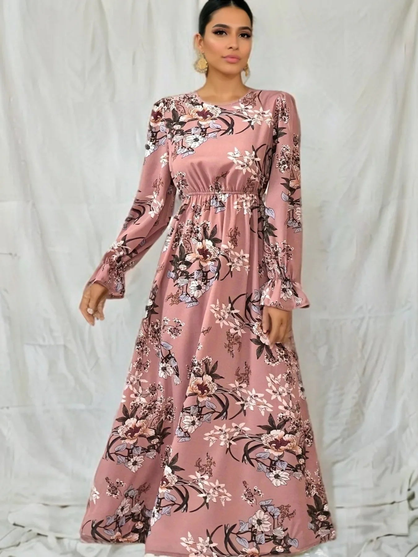 Women Maxi Dresses - Casual Full Sleeve Floral Printed O-neck Woman Bohe Beach Party Long Dress