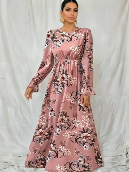 Women Maxi Dresses - Casual Full Sleeve Floral Printed O-neck Woman Bohe Beach Party Long Dress