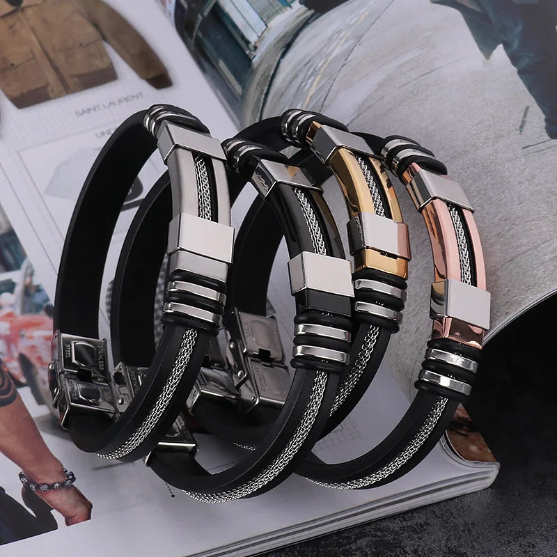 Black Grooved Rudder Stainless Steel Punk Bracelet