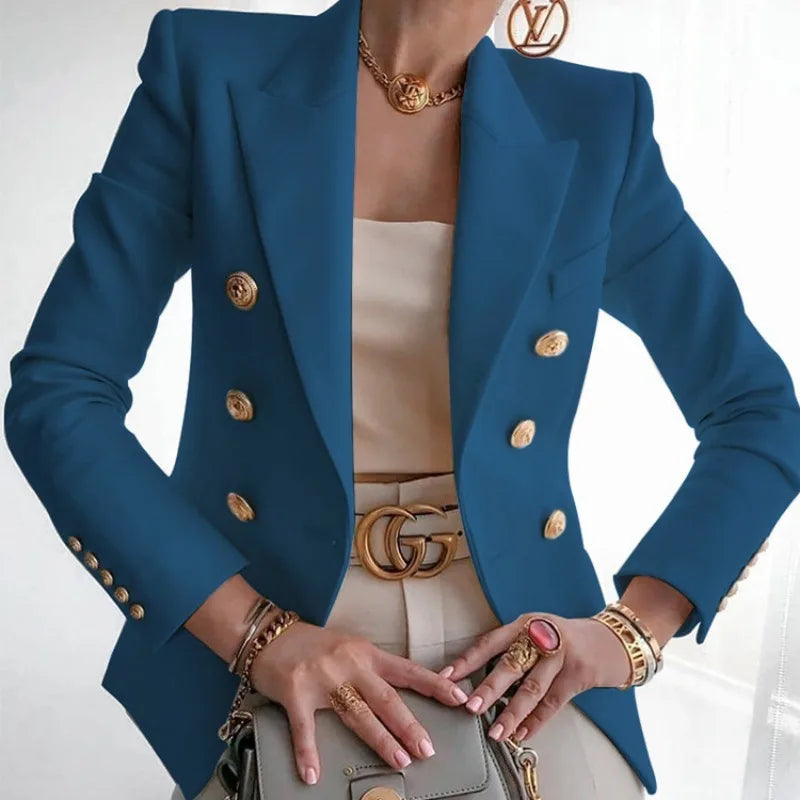 Women's Slim Elegant Double Breasted Metal Lion Buttons Blazers