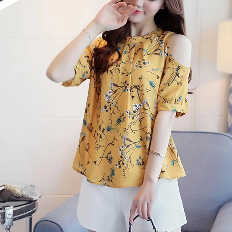 Off-shoulder Floral Chiffon Summer Women Blouse