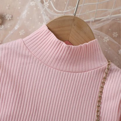 Mädchen Hochgeschlossener, langärmliger gerippter Denim-Faltenrock mit Gürtel