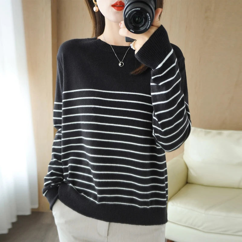 100% Cotton Striped Sweater - Loose Fit Style