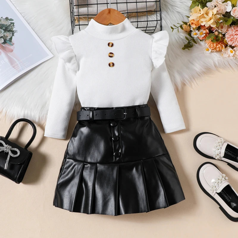 Girls' Ruffle T-Shirt & Leather Skirt Set