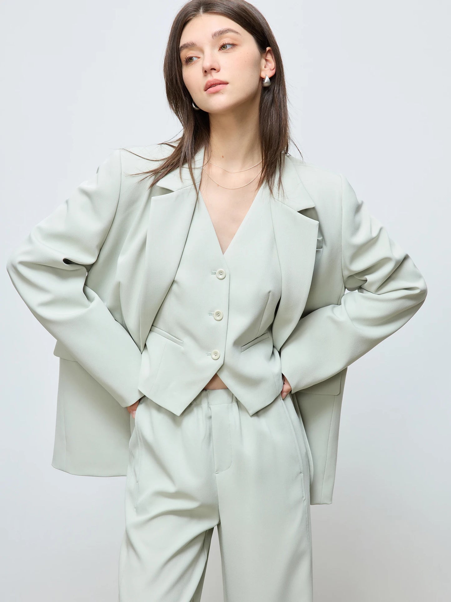 Amii Minimalism Spring Office Lady Blazer mit Spitzen-Tanktop mit V-Ausschnitt