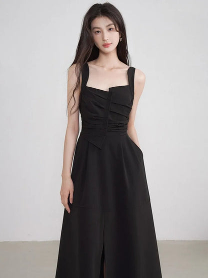 French Pleated Black Summer Dress