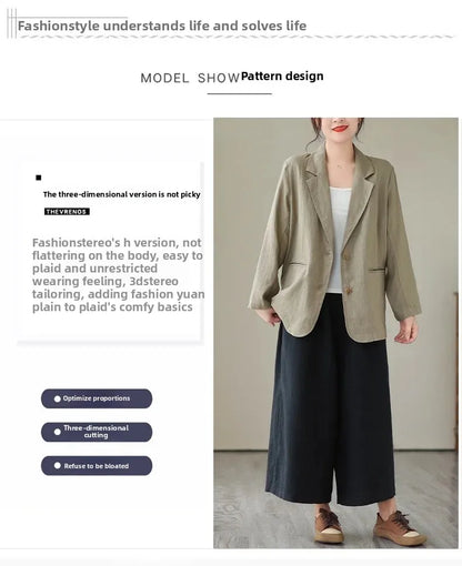 Blazer d'été à manches longues en coton et lin d'inspiration vintage avec col à revers