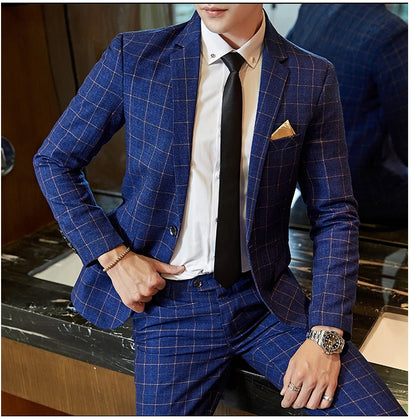 Men's Casual One-Button Plaid Two-Piece Set