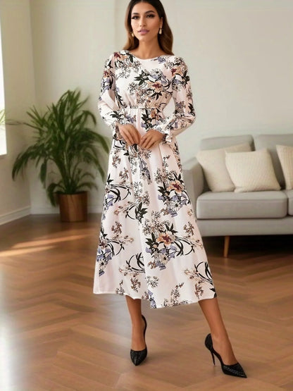 Women Maxi Dresses - Casual Full Sleeve Floral Printed O-neck Woman Bohe Beach Party Long Dress