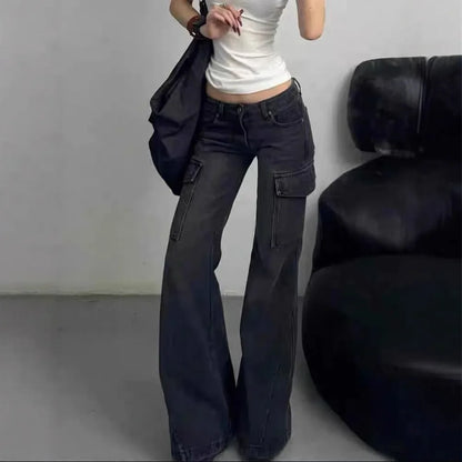 Schwarze Gothic Cargo Flare Jeans für Damen