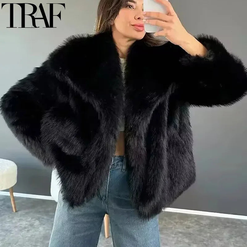 TRAF Winter Faux Fur Coat 2024 Woman New in coats Autumn Fur Plush Fluffy Jacket Warm Red Gray Black White Fur Coat Outerwears