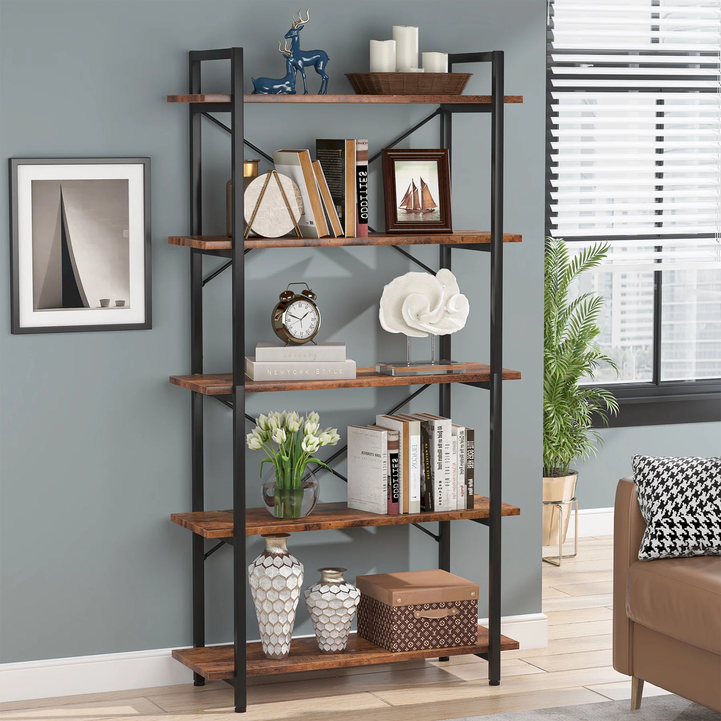 Metal Frame 5 Tier Etagere Bookcase - Rustic Tall Living Room Book Shelf  Unit