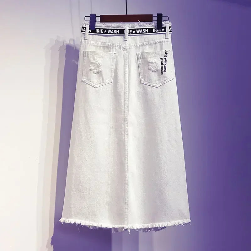 White Denim Letter Print Long Skirt