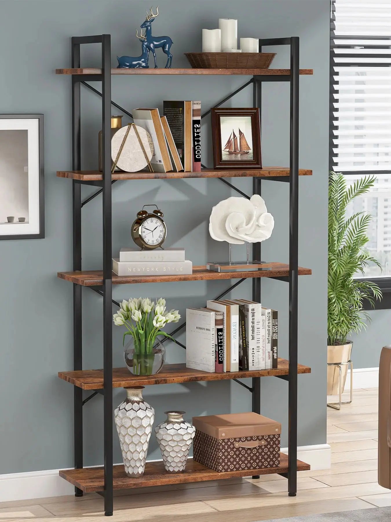 Metal Frame 5 Tier Etagere Bookcase - Rustic Tall Living Room Book Shelf  Unit