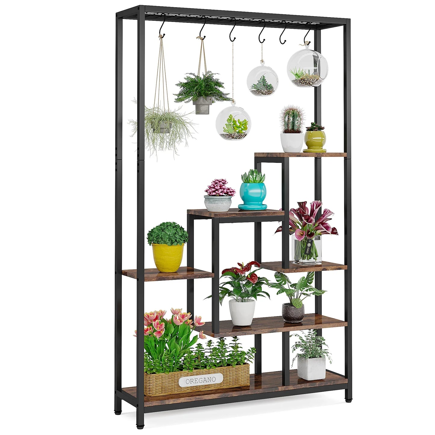 5 Tiers Tall Indoor Plant Stand 70.9 inches Large Metal Plant Shelf Hanging Hooks