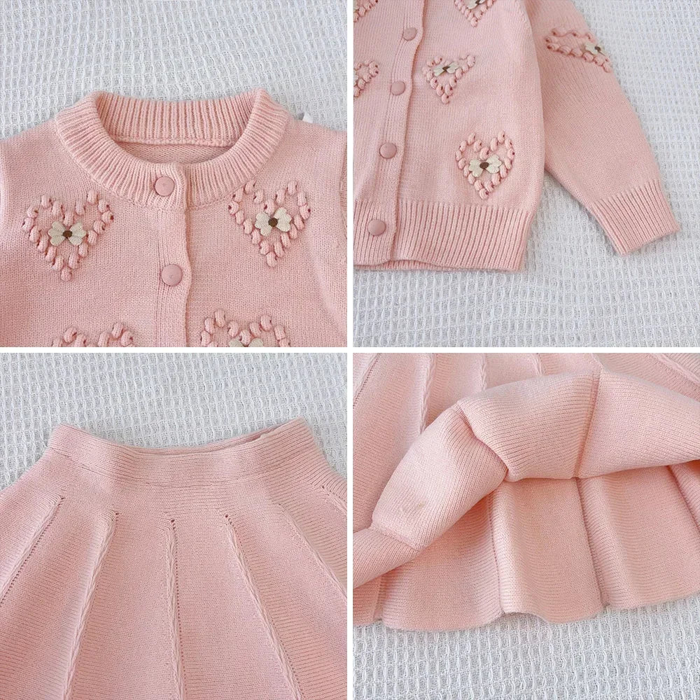 Girls' Pink Flower Cardigan & Skirt Set