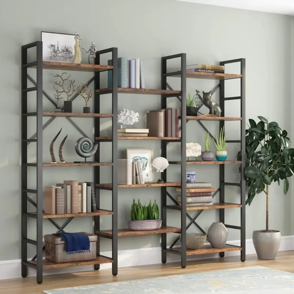 Triple Wide 5-Shelf Bookcase - Etagere Large Open Metal Vintage Wood Shelves