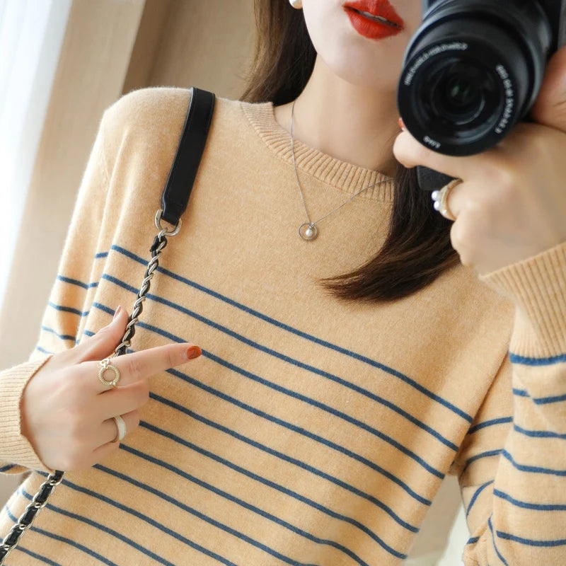 100% Cotton Striped Sweater - Loose Fit Style