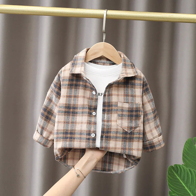 IENENS Spring Plaid Cotton Shirt for Kids