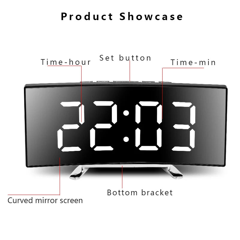 Creative Curved LED Clock with Mirror & Dual-Purpose Alarm