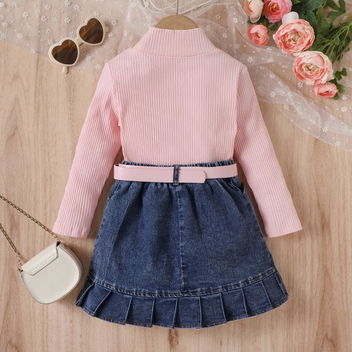 Girls High Neck Long Sleeve Ribbed Denim Pleated Skirt With Belt