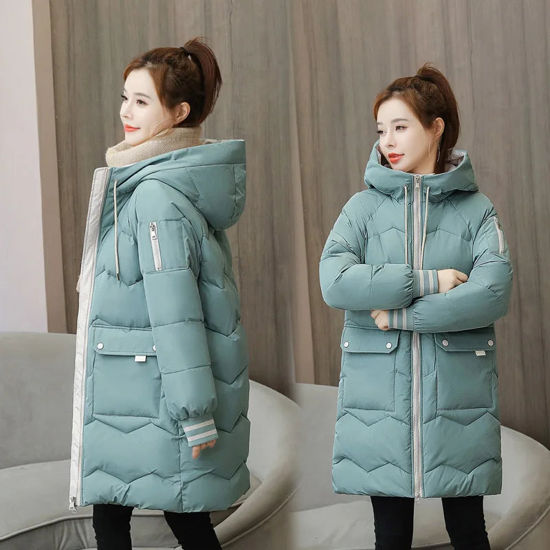 Women Hooded Warm Cotton Parka Mid-length Thicken Snow Jacket