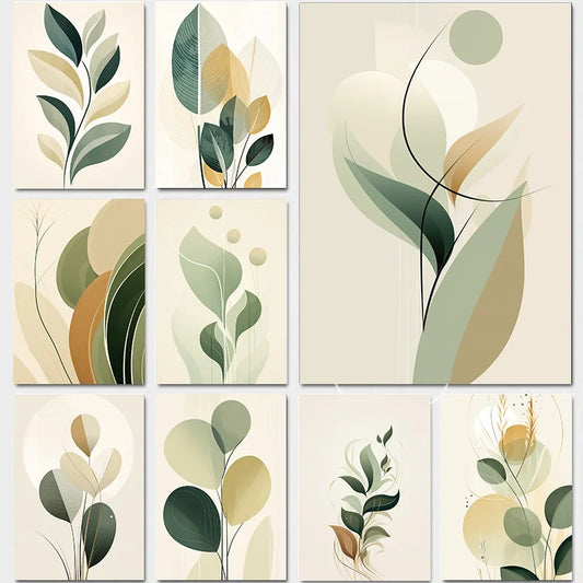 Peinture d'art mural sur toile de plantes vertes abstraites