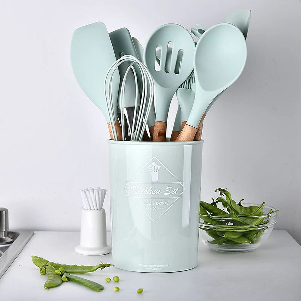 12-Piece Silicone Kitchen Utensil Set with Wooden Handles