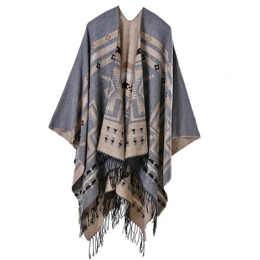 Cozy European American Cashmere Poncho with Ethnic Prints